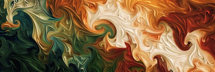 Vivid abstract swirls of green, orange, and white tones, representing a dynamic and vibrant texture.