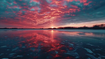 A serene sunset scene on a frozen lake with a warm orange glow