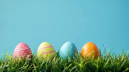 Easter eggs on lush grass with space for text against blue backdrop