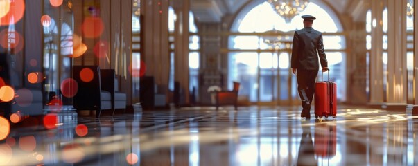 Indian hotel staff doorman job, panorama banner. Generative AI.