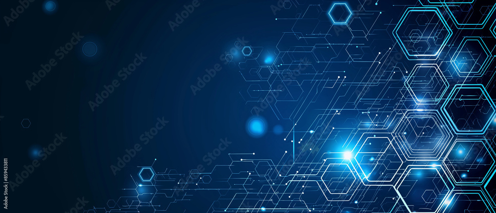Poster abstract blue background with code hexagons