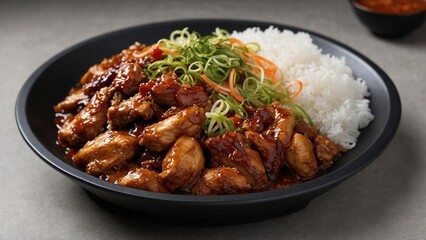 Fototapeta premium Full size rice bowl topping Dakbokkeumtang (Spicy Braised Chicken) korean food