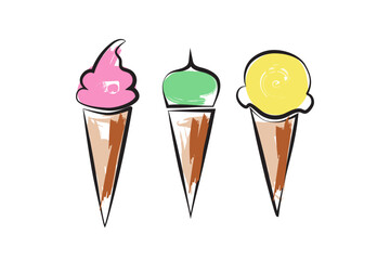 A set of drawings of ice cream cones with different flavors, made with a brush. Vector illustration.