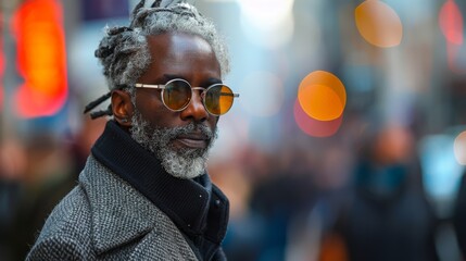 A man with a stylish appearance, featuring a grey beard, glasses, and a fashionable coat, stands out against a vibrant and busy urban background.