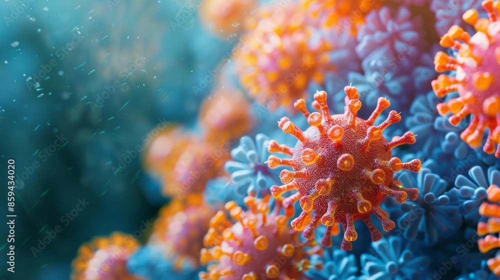 Poster a highly detailed macro view of various virus particles in vibrant orange and blue colors, showcasin