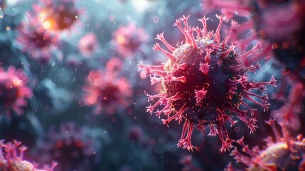 A dramatic dark-toned image of virus particles with a deep pink glow, portraying the severe impact of infectious diseases under magnification.
