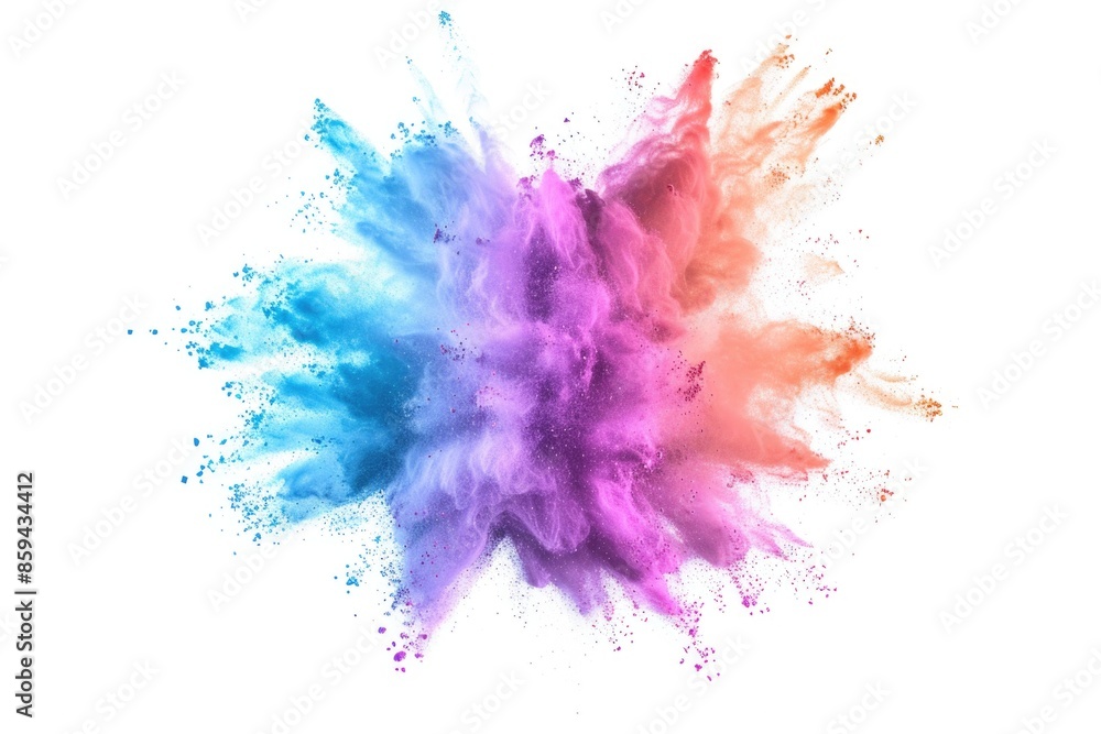 Poster a vibrant and dynamic image of a colorful powder explosion on a white background, suitable for use i