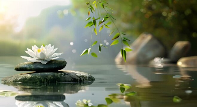 A white lotus and smooth black stones on the surface of the water. The concept of a spa salon. Zen and harmony.