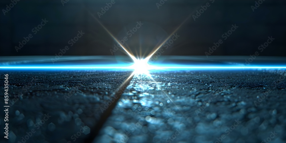 Poster creating a dazzling light effect with a blue laser beam and lens flare on a black background. concep