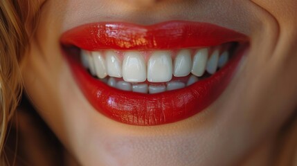 Fototapeta premium A vibrant close-up image of a smile with glossy red lipstick, showcasing perfectly aligned and whitened teeth, expressing joy and confidence with a touch of glamour.