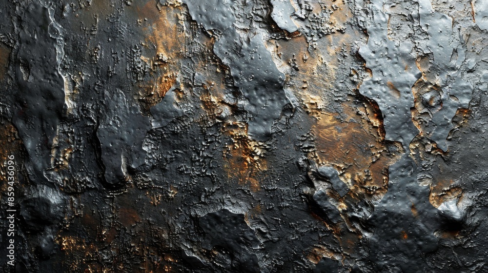Poster a highly detailed close-up image highlighting the roughened texture of a black and brown surface, ca