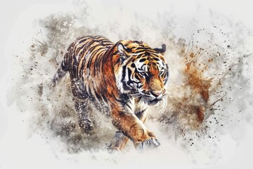 Obraz premium A tiger runs through snowy terrain