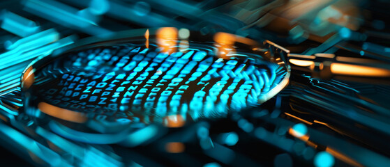A magnified view of binary code and digital circuits through a lens, representing detailed cybersecurity analysis and data inspection.
