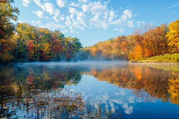 A peaceful autumn morning with mist rising over a lake, the water reflecting the brilliant colors of the surrounding trees