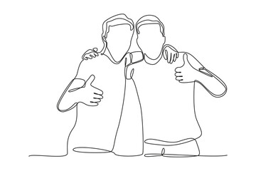 One continuous line drawing of a man meets his old friend and hugs each other. Frienship, meet up, gathering. simple line.
