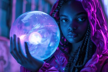 Naklejka premium A young girl holds a crystal ball in her hands, looking thoughtful