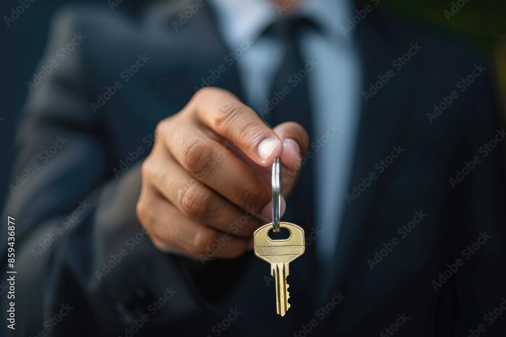 Poster a man in a formal attire holding a bundle of keys, likely for unlocking or accessing something