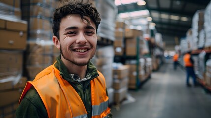 Fototapeta premium A smiling young man in an orange safety vest and green shirt stands inside the warehouse, surrounded by large boxes of goods ready for shipping to customers all over the world.