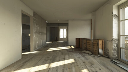 A large empty room with a wooden dresser in the corner