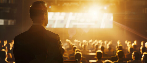 A speaker addresses a captivated audience in a warmly lit hall, bathed in a golden glow, emphasizing the sharing of ideas and collective engagement.