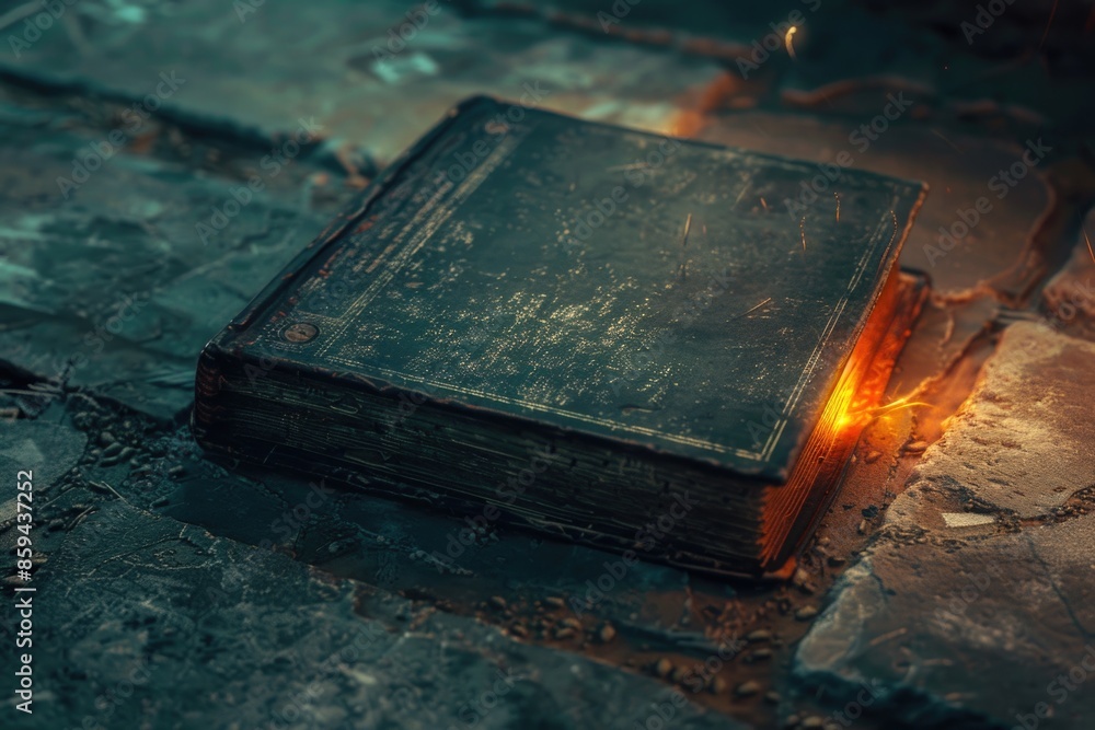 Poster a closed book resting on a stone floor, potential use as decorative element or symbolizing learning 
