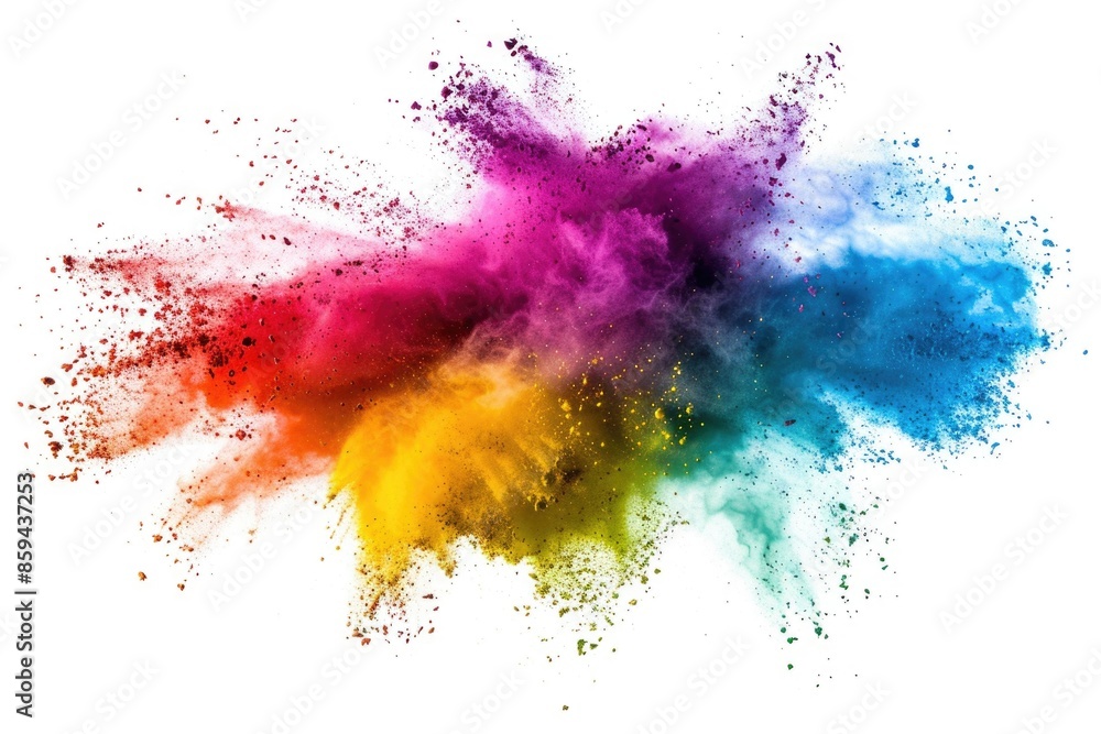Poster a burst of colorful powder exploding on a white surface, ideal for adding visual interest to designs