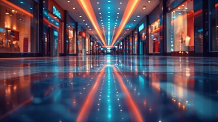 Obraz premium An eye-catching shopping mall interior featuring a vibrant display of glowing orange and blue lights, with reflective flooring and various store fronts along the corridor.