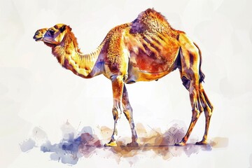 A watercolor painting of a camel standing alone on a white background, suitable for use in illustrations or as a decorative element