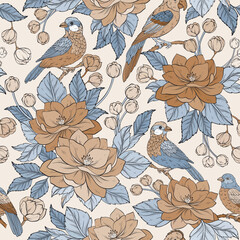 pattern with Vintage flowers, branches and birds