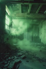 A room with debris and destruction, featuring a fire hydrant intact among the rubble