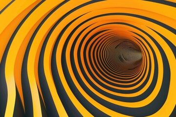 A vibrant spiral design features yellow and black colors on a black background