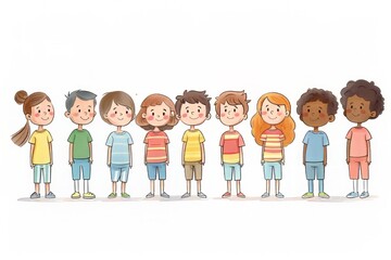 Diverse group of cheerful children standing in a row, smiling and wearing colorful casual clothes.