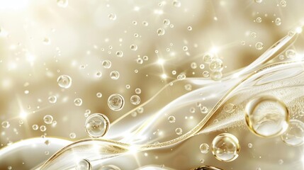 Elegant, semitransparent molecules and bubbles interspersed on a luxurious gold and white background, evoking a premium product feel