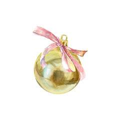 Christmas golden ball with ribbon. Hand drawn watercolor illustration isolated on white background. For Christmas and New Year cards, invitations, labels, banners, brochures.