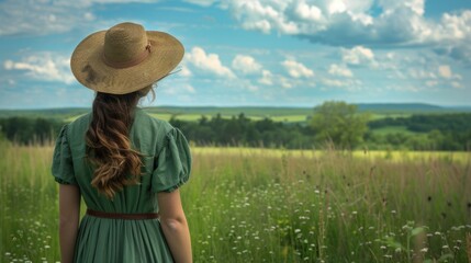 A woman wearing a green dress and straw hat, standing or sitting in a outdoor setting