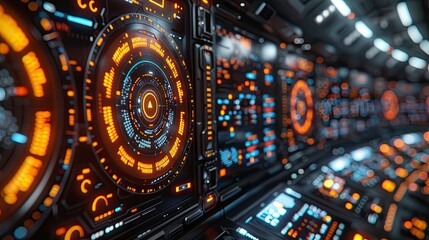 A high-tech interface displaying cybersecurity protocols and firewalls on a digital screen in a futuristic control room