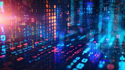 Obraz premium Abstract digital matrix background with encrypted data streams and binary code representing cybersecurity defenses