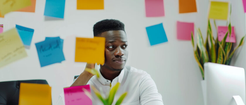 Man surrounded by colorful sticky notes, contemplating ideas in a creative and dynamic workspace filled with brainstorming energy.