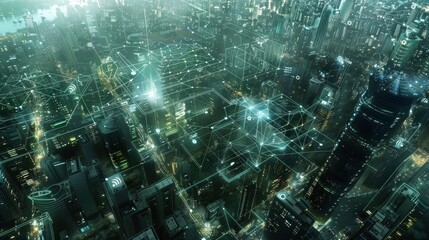 Futuristic cityscape with network connections and cybersecurity shields overlaid, indicating protection of urban infrastructure