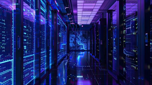 3D rendering of a secure server room with holographic displays showing real-time cybersecurity analytics