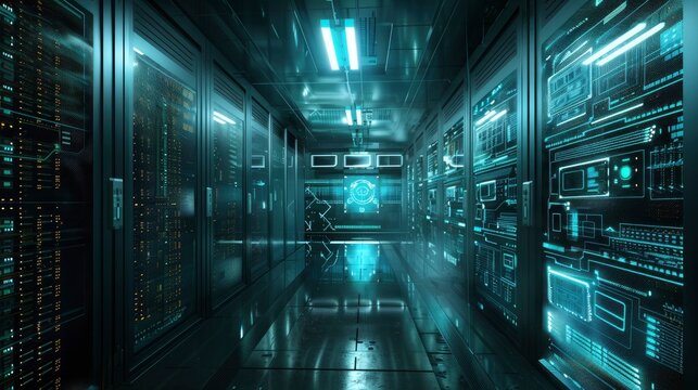 3D rendering of a secure server room with holographic displays showing real-time cybersecurity analytics