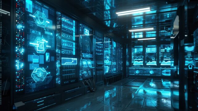 3D rendering of a secure server room with holographic displays showing real-time cybersecurity analytics