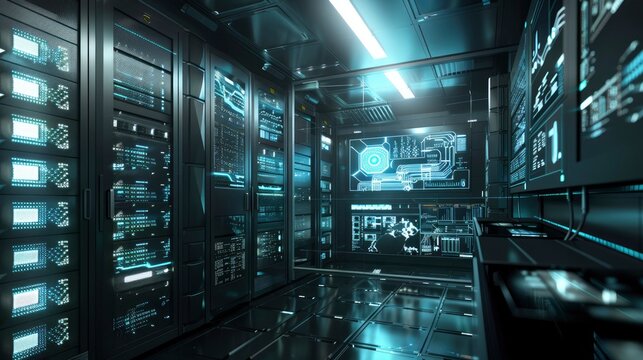 3D rendering of a secure server room with holographic displays showing real-time cybersecurity analytics