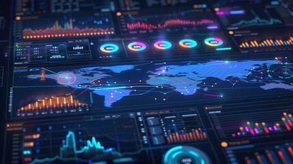 Cybersecurity analytics dashboard with graphs and data showing network integrity and threat levels