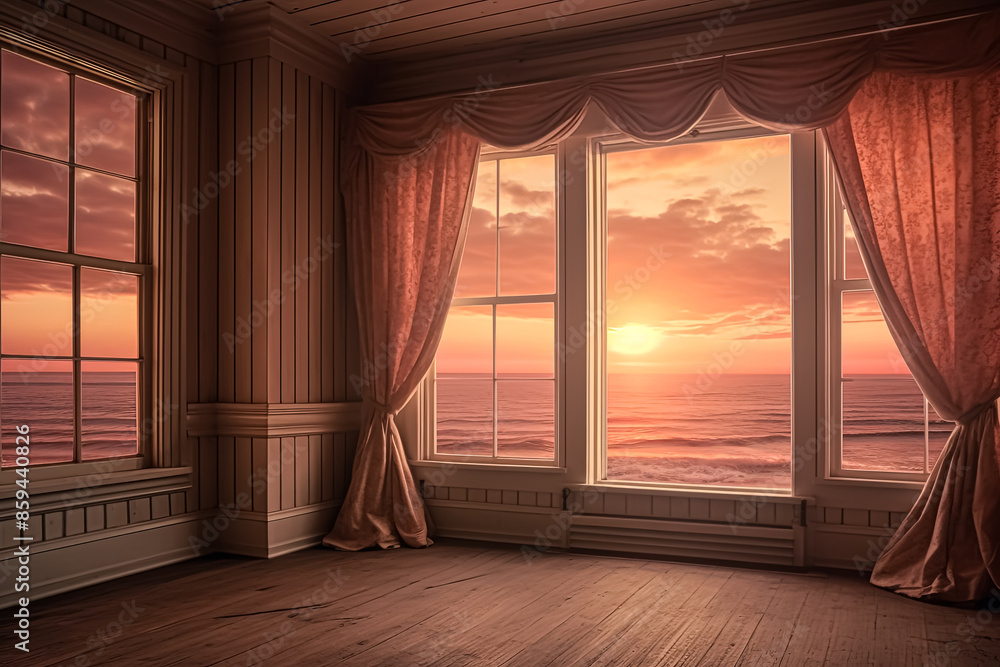 Poster a window with a view of the ocean and the sun setting.