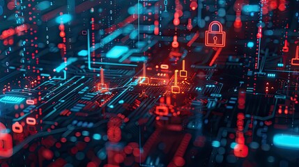 Digital interface with padlocks, keys, and encrypted data streams symbolizing cybersecurity