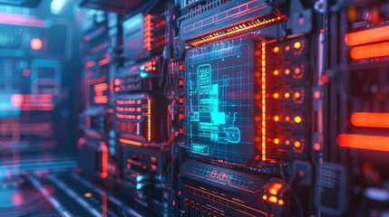 Obraz premium Digital render of a firewall system blocking cyber threats with holographic effects