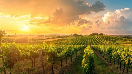 Fototapeta premium A picturesque vineyard with rows of grapevines under a golden sunset 