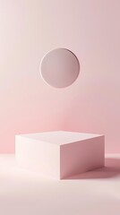 Minimalist pink background with white platform and circle.
