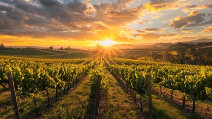 Naklejka premium A picturesque vineyard with rows of grapevines under a golden sunset 